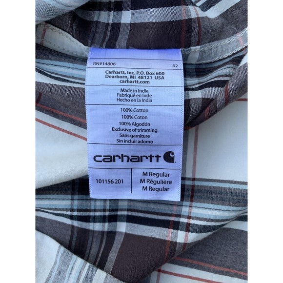 Carhartt Button Up Shirt Mens Medium Cream Brown Plaid Short Sleeve Relaxed Fit - Picture 5 of 10